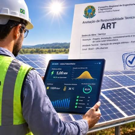 Engenheiro com capacete e colete analisando dados da usina e a ART do serviço